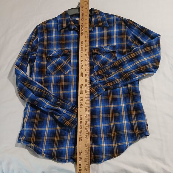 Arizona Small Blue Plaid Long-Sleeved Flannel Shirt 100% Cotton Two Pocket - Picture 7 of 12
